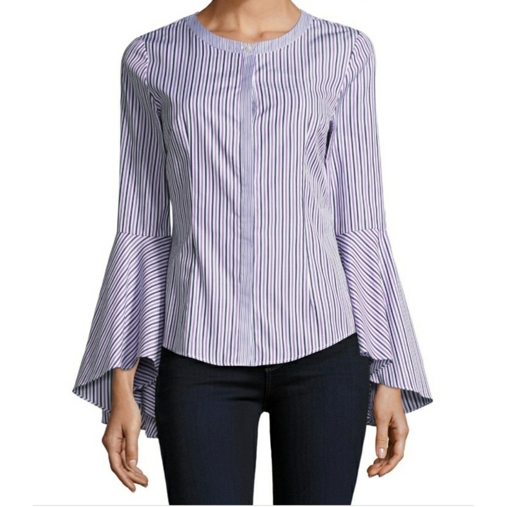 Milly Purple Navy Striped Bell Sleeve Button Down Blouse Top Size 4 Made‎ in USA